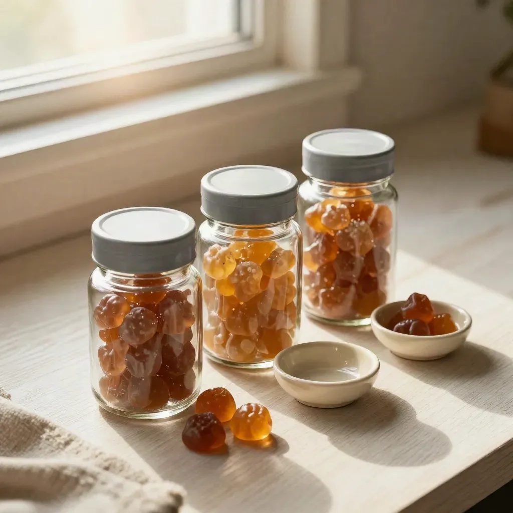 Three gummy jars with loose chews and a ceramic dish on pale wood in warm sunbreak.