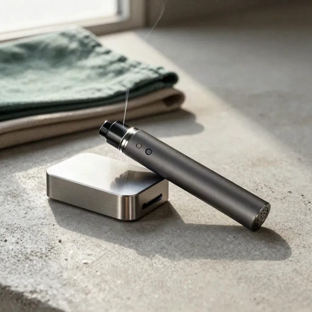 Vape cartridge and disposable pen beside a metal dock, linen cloth lifting in wind on concrete.
