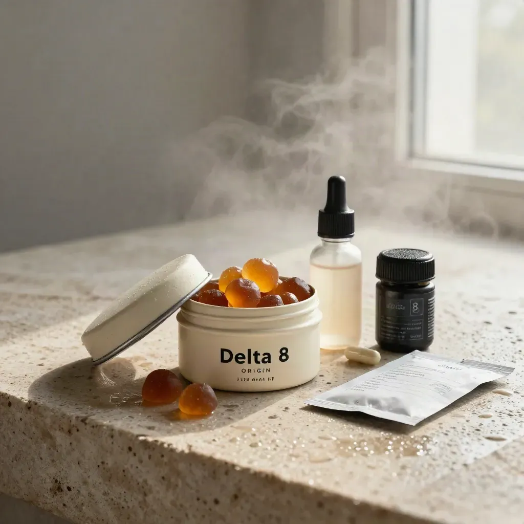 Delta-8 products arranged on damp stone at dawn with mist and dramatic light