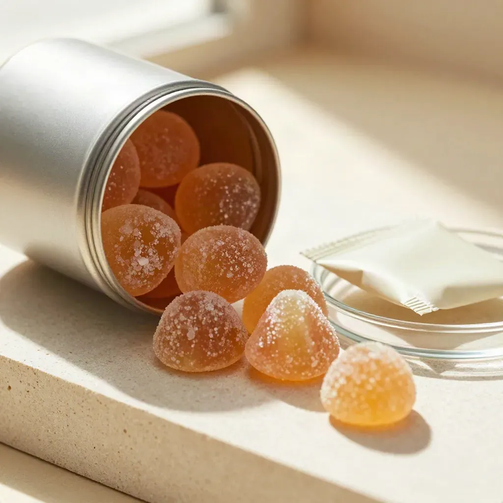 Opened gummy tin with fruit chews, pouch, and glass dish on cream stone in warm window light