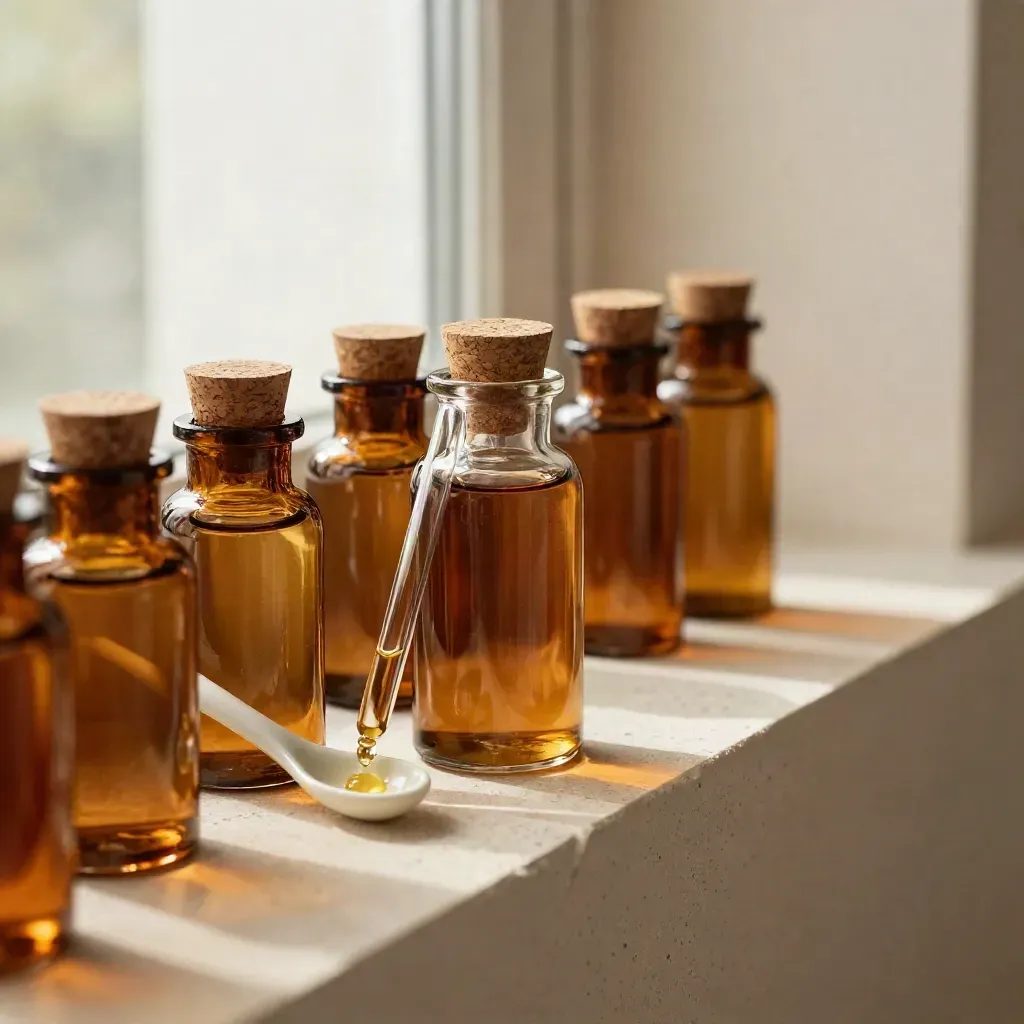 Amber tincture bottles, dropper, and ceramic spoon on a warm plaster shelf in morning light.