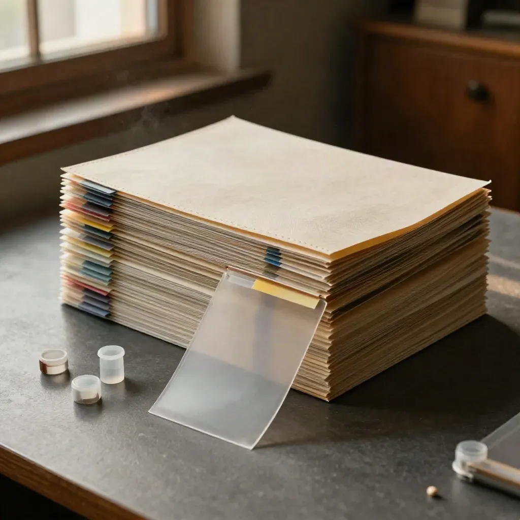Top-down stack of lab report sleeves with vial caps and a linen folder on a graphite tabletop.