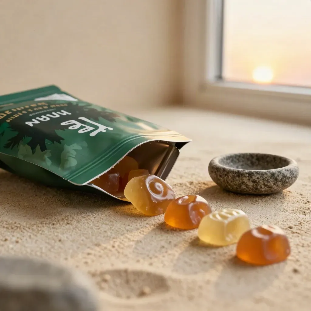 Forest-green gummy pouch, open tin, and stone bowl on sand plaster in sunset light.