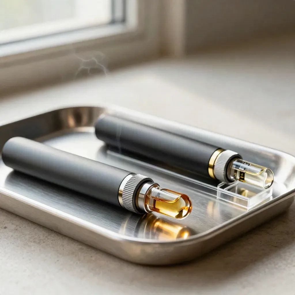Cartridges, disposable pen and glass charger with a faint vapor curl on brushed metal.