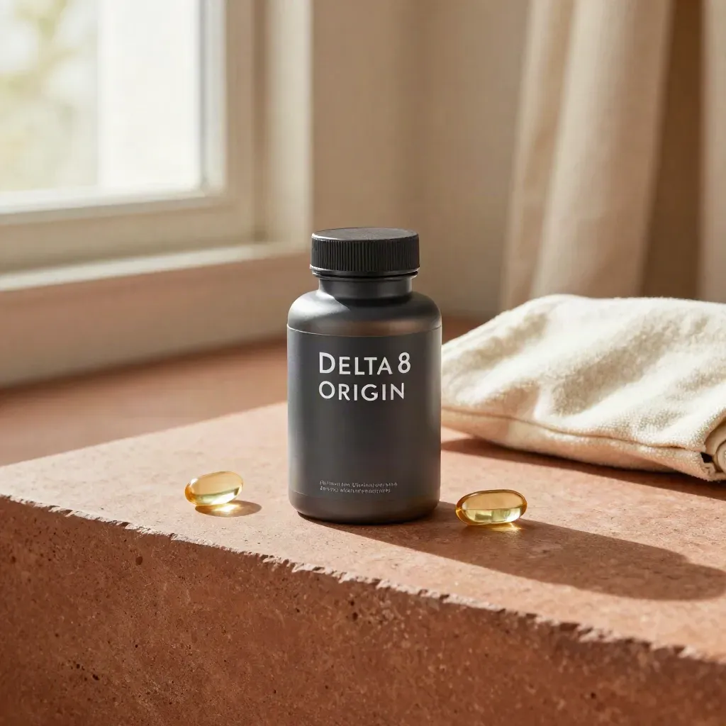 Capsule bottle, softgels, and cotton pouch on terracotta stone in warm window light