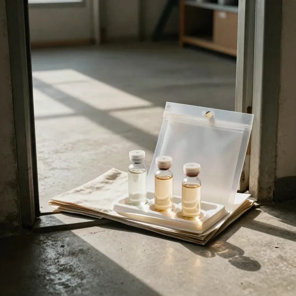 Lab report packet, sample vials, and linen folder on concrete by a warehouse window.