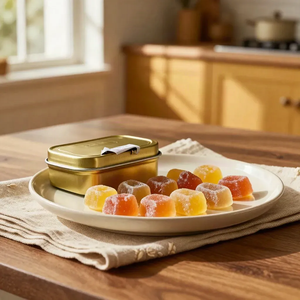 Open gummy tin with chews lined on a cream plate beside torn seal and linen napkin.