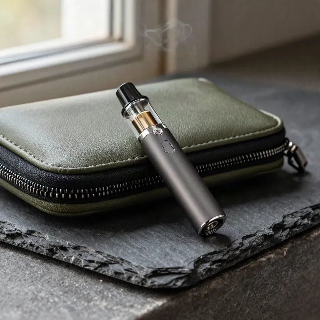 Top-down vape pen, cartridge tube and half-zipped soft case on dark slate with faint vapor.