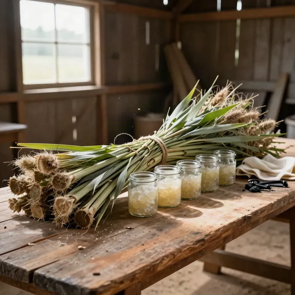 Hemp stalks, sample jars, and twine on a farm table inside an open barn