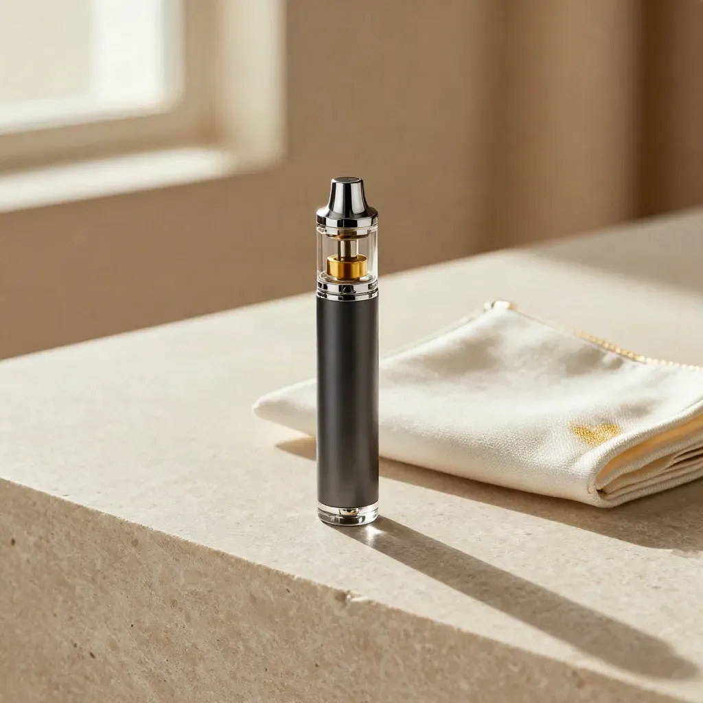 Upright vape cartridge, disposable pen, and microfiber pouch on pale stone in warm window light.