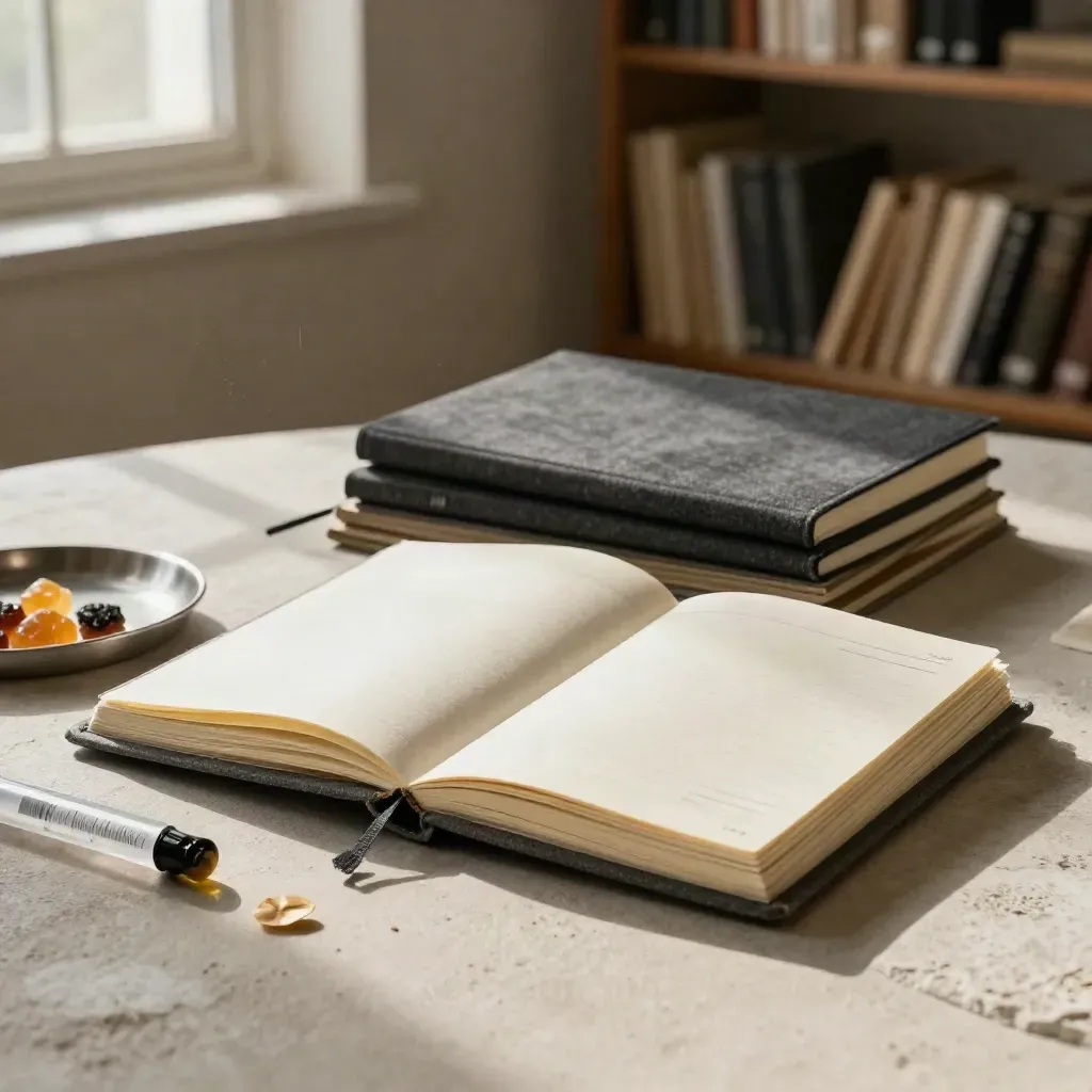Charcoal notebooks, sample cards and a small tray of hemp product remnants on a plaster desktop