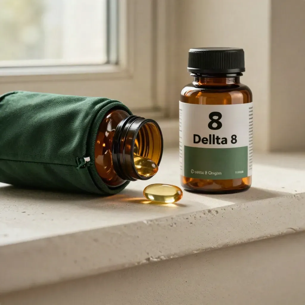 Macro of capsule bottle, softgels, and green travel pouch on a plaster shelf by window light.