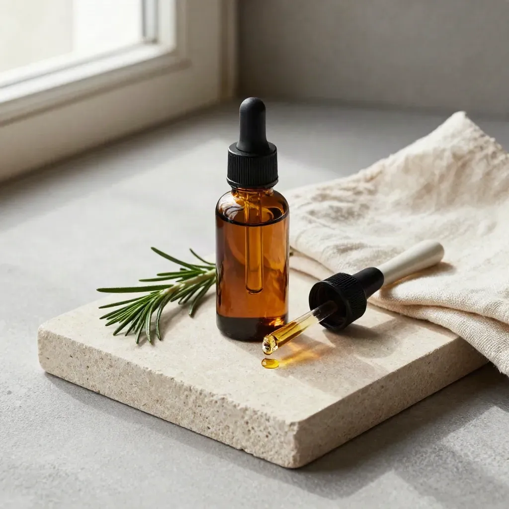 Amber tincture bottle with dropper, rosemary, spoon and linen on a stone tray.