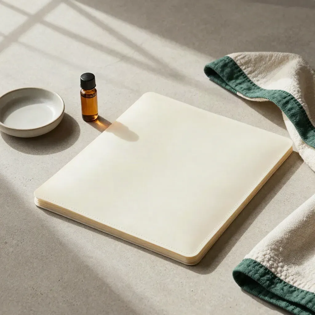 Overhead flatlay of a lab report sleeve, vial, ceramic dish, and folded cloth on pale stone.