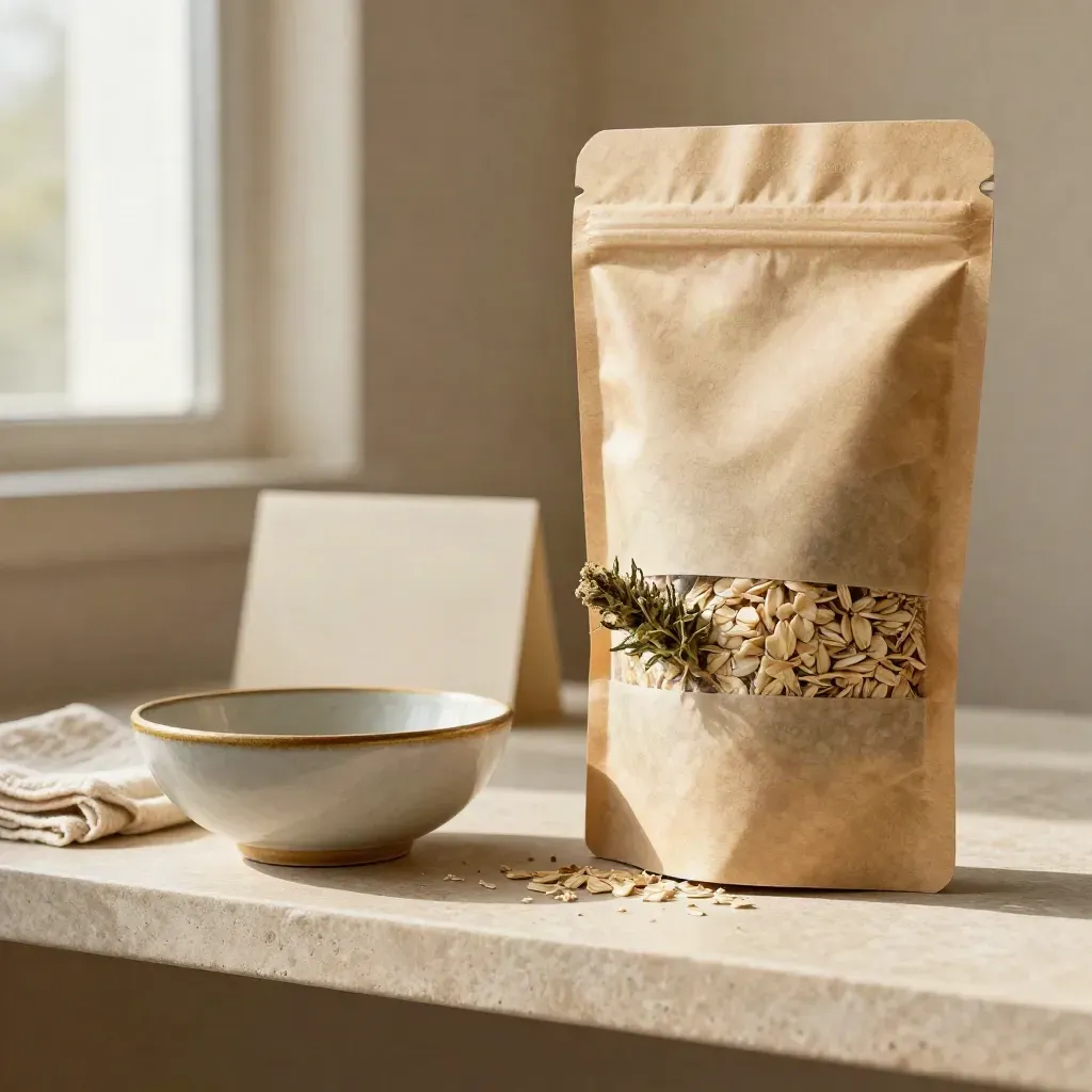 Opened kraft hemp sample pouch with dried flower, ceramic bowl and linen on a stone shelf.