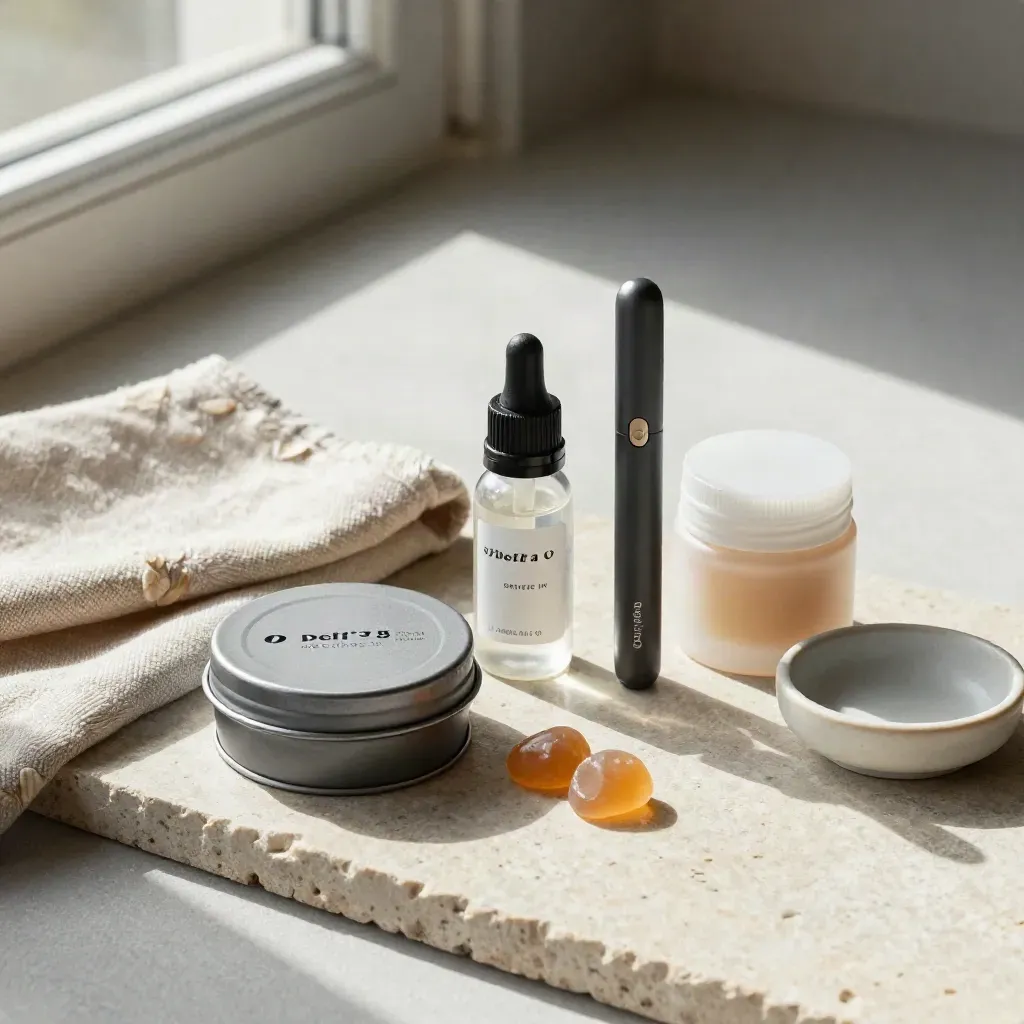 Delta 8 products on pale stone: gummy tin, tincture bottle, vape pen, capsule jar, folded cloth.